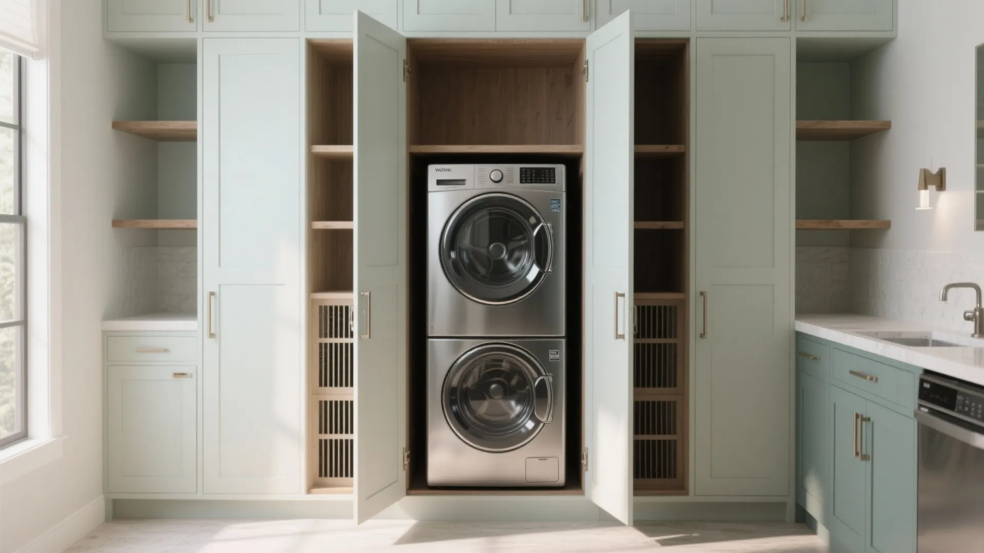 Stacked silver washing machines placed inside a large mint green cabinet in a bright laundry room