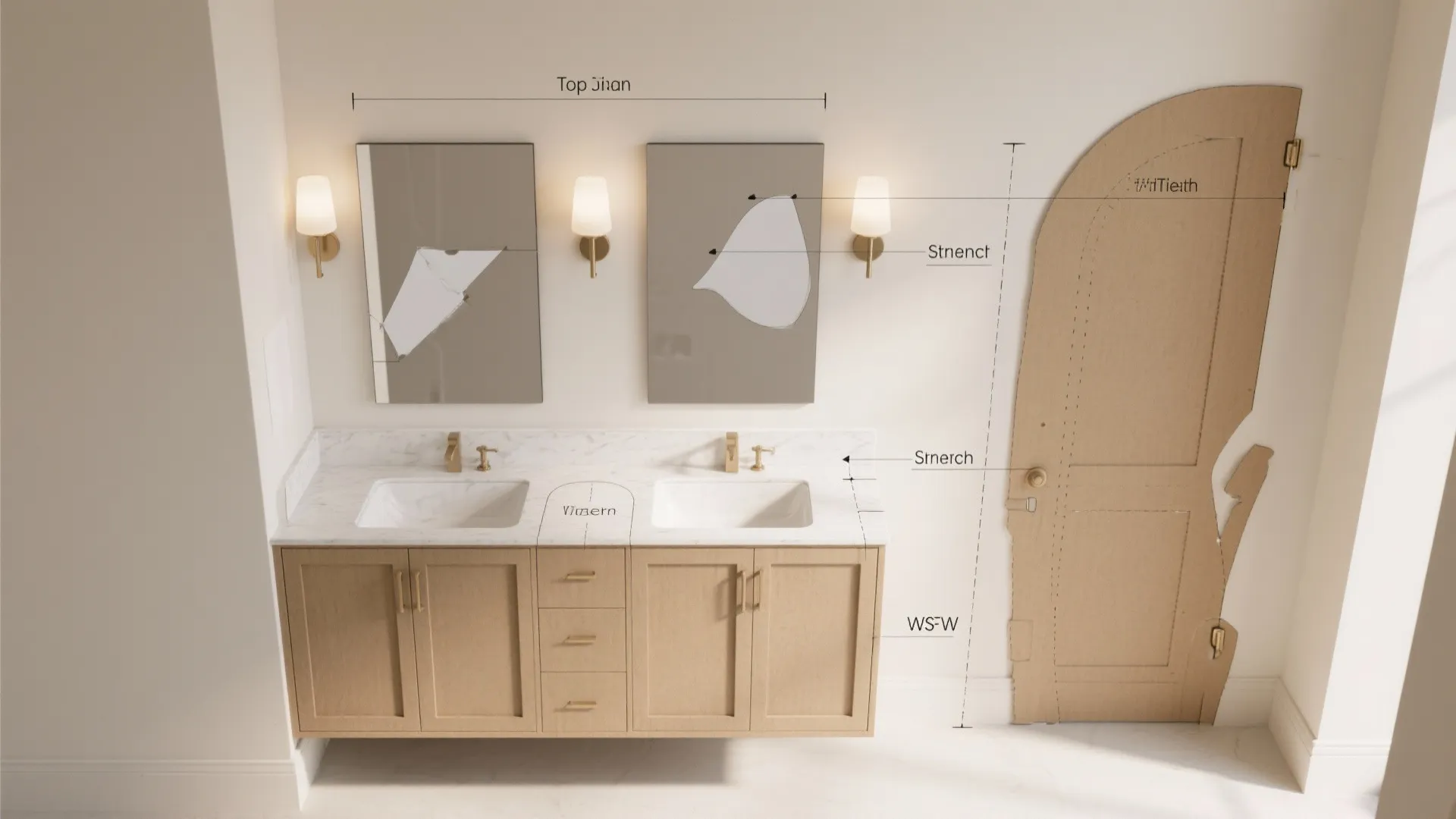 Top-down visualization of mirrored cabinet widths and door swing clearances near lighting.