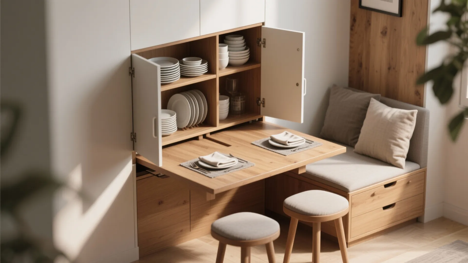 Space saving wooden dining table folding out from a white cabinet with stored plates inside