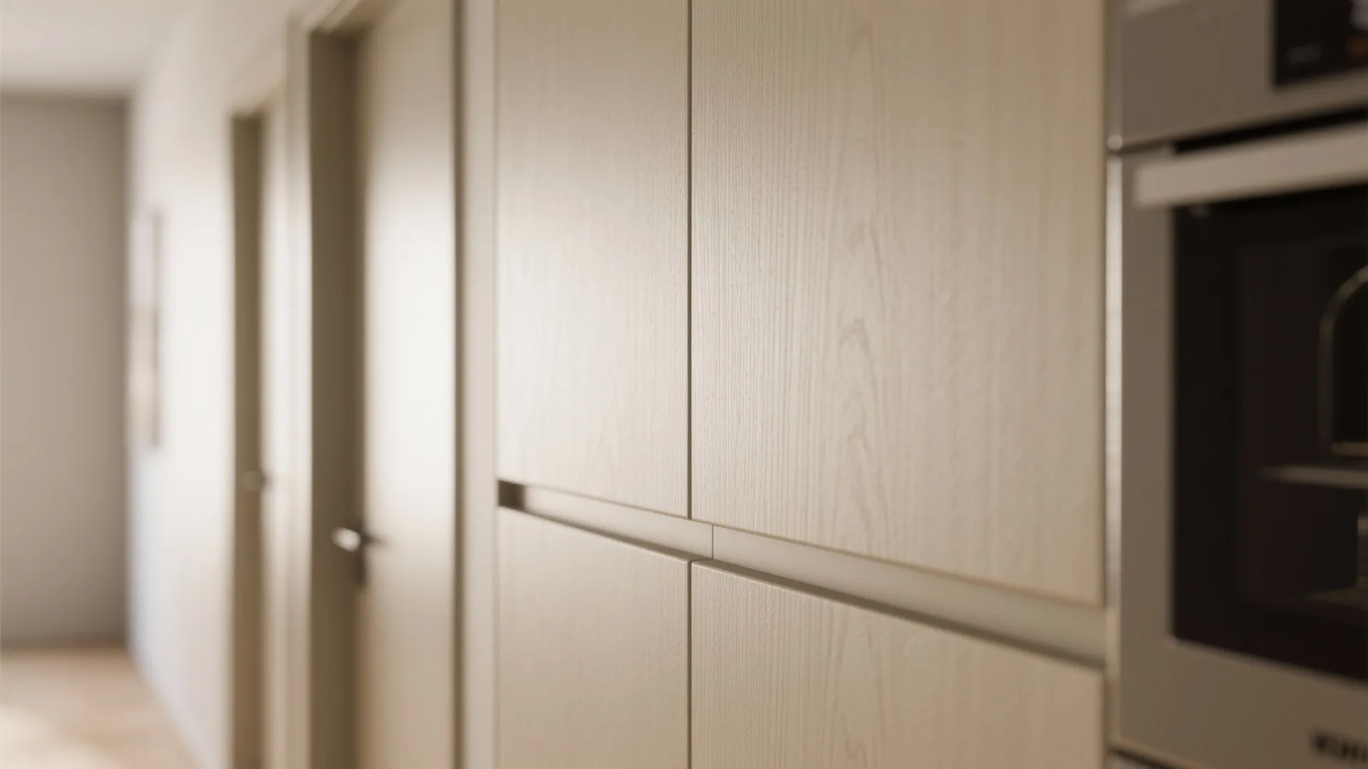 Close up view of light wood kitchen cabinet doors with modern handles and oven beside