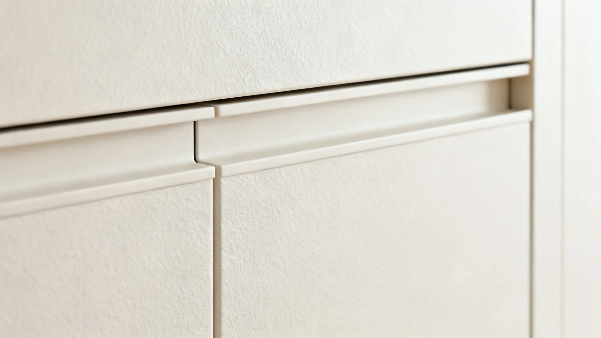 Macro of semi-matte microtextured cabinet front with slim integrated pull.
