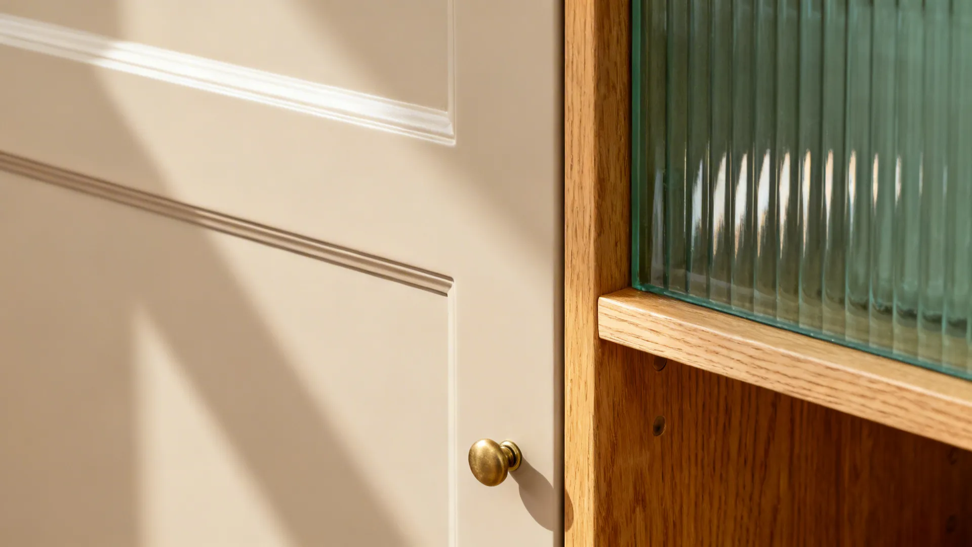 Macro of matte putty slab cabinet door, oak shelf edge, and ribbed glass panel showing subtle textures.