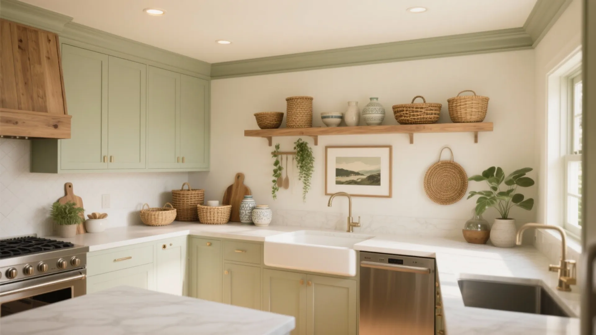 Modern sage green kitchen cabinets with white countertops plus wooden shelves and woven storage baskets