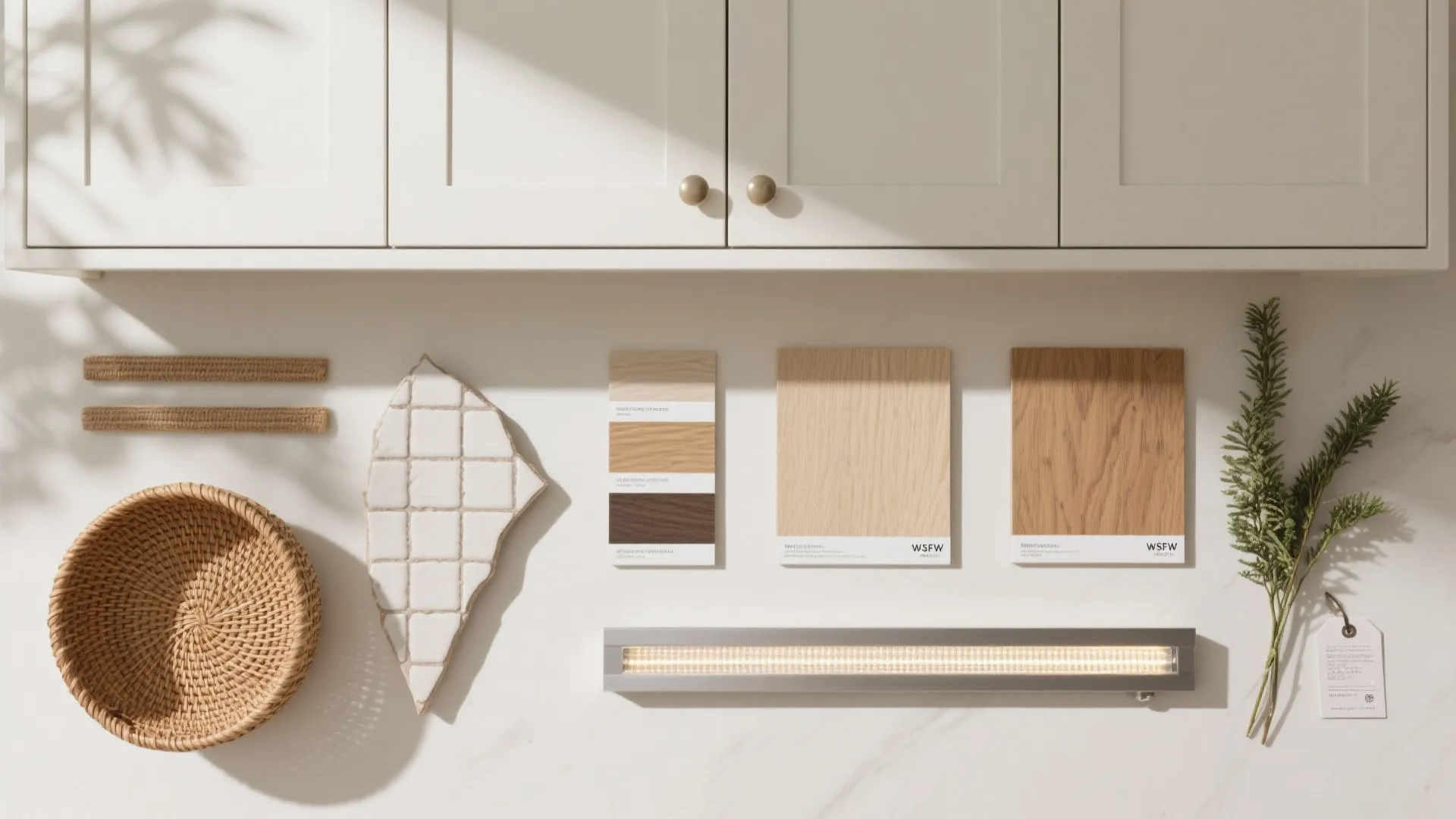 Cabinet design mood board with wood samples woven basket light fixture and white wall panel