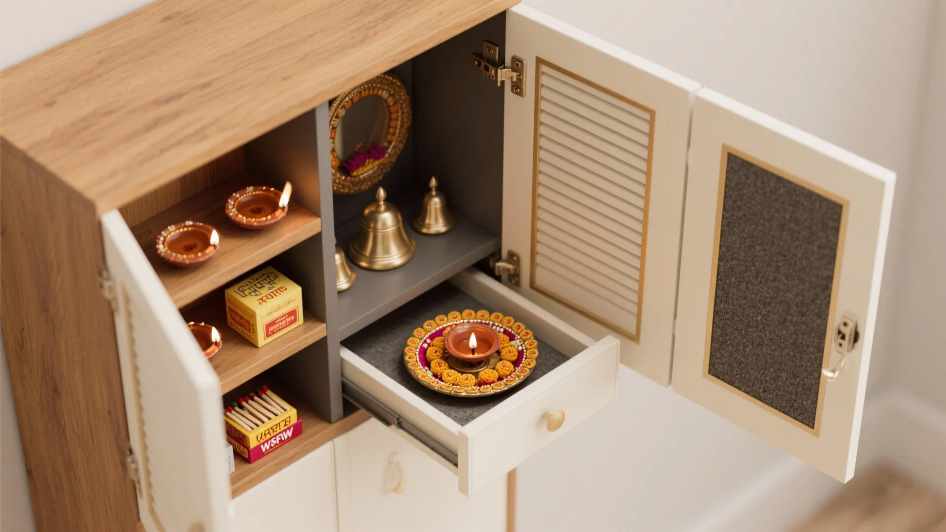 Wooden storage cabinet with open doors showing small lamps bells and drawer with lit oil lamp