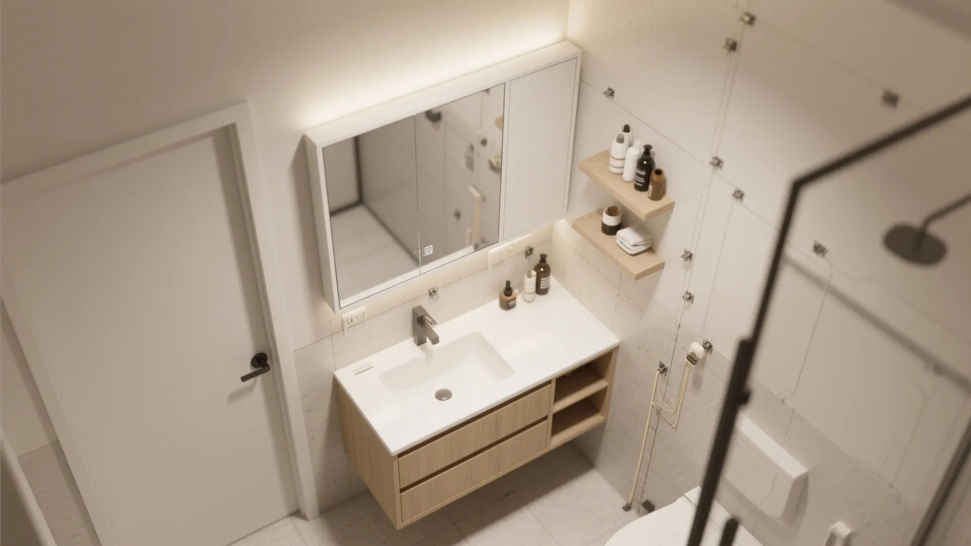 Storage-Integrated Mirror Cabinet (Shallow Depth, Smart Access)