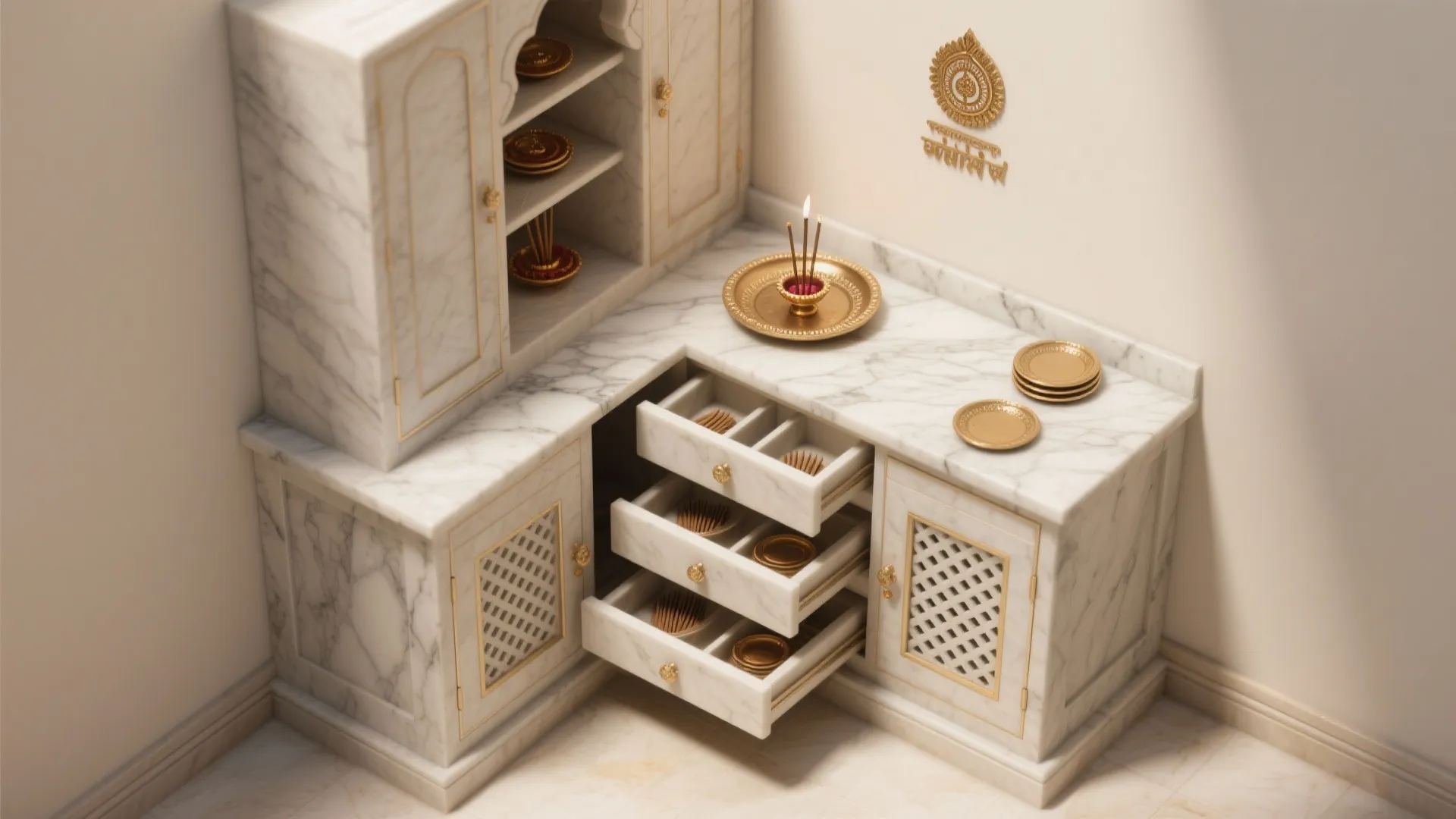 Top-down layout of a compact temple cabinet with pull-out tray and storage.