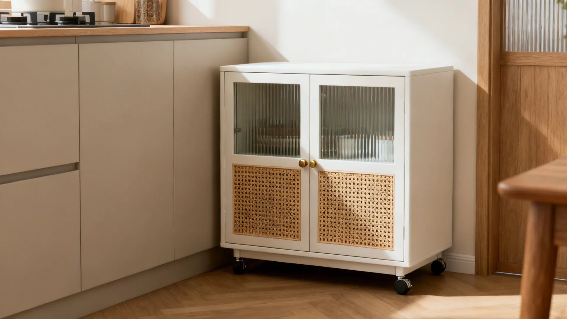 Cabinet-style trolley with fluted tempered glass and rattan accents in a Japandi kitchen.