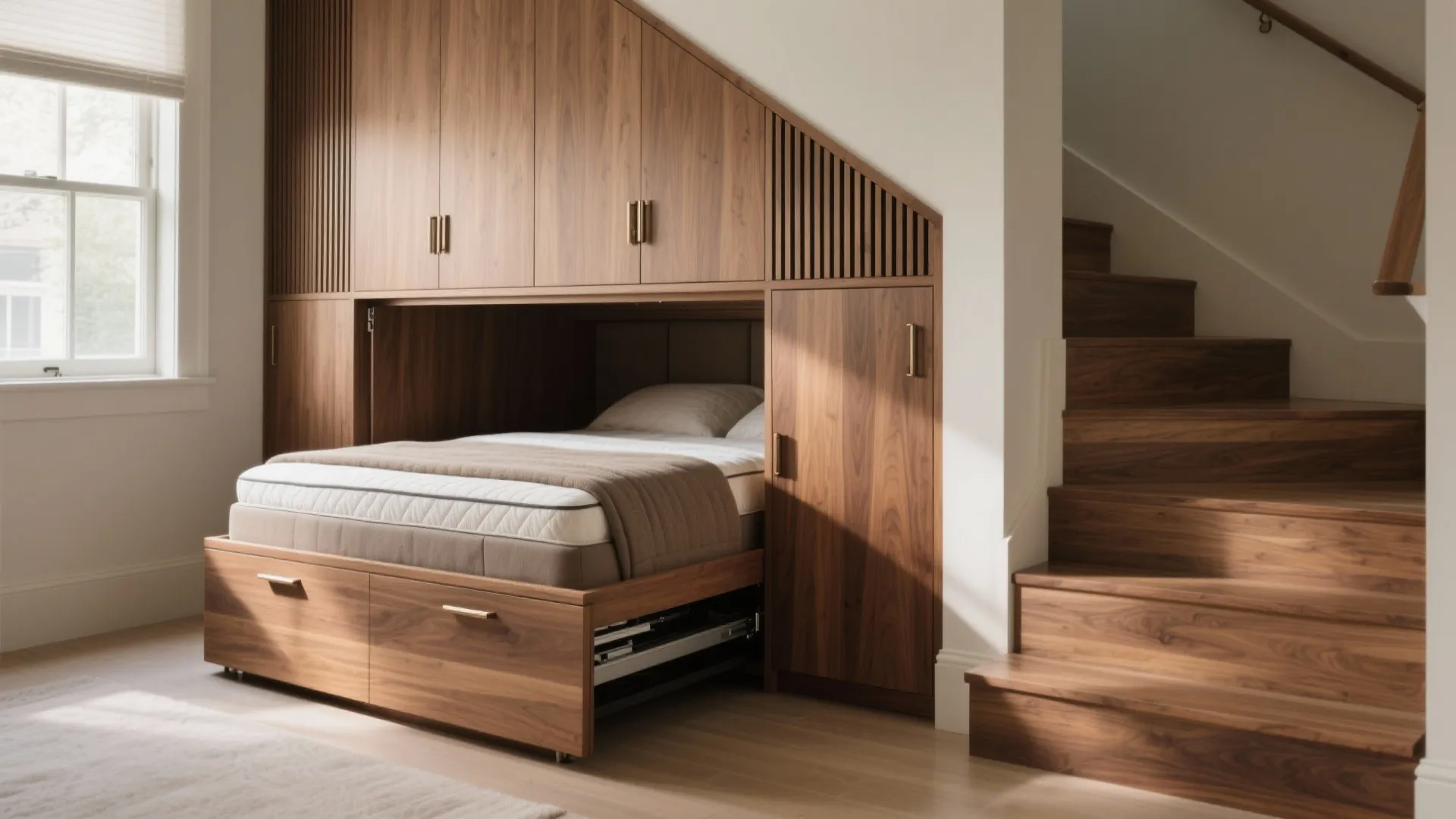 Custom cabinet-bed pulled out from under stairs showing joinery, ventilation slats, and mattress.