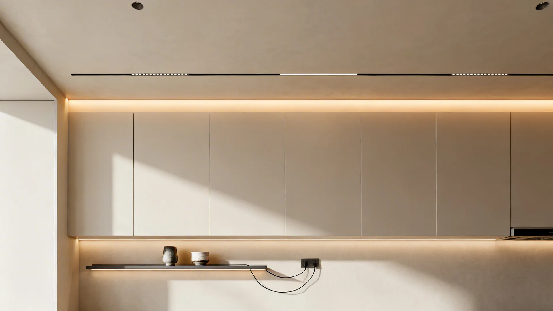 Kitchen with diffused LED uplight above cabinets creating a clean, continuous warm glow.