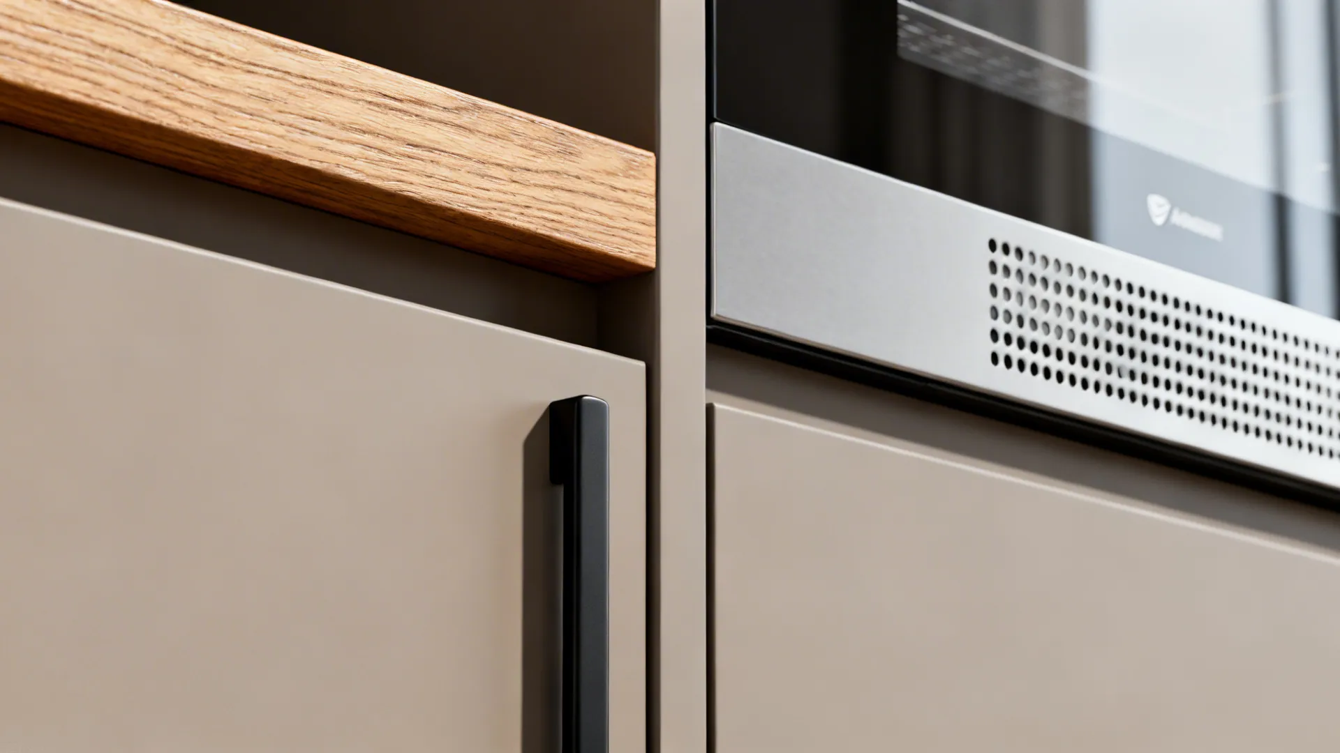 Detail of cabinet partition with oak veneer, slim pull, and perforated panel for airflow.