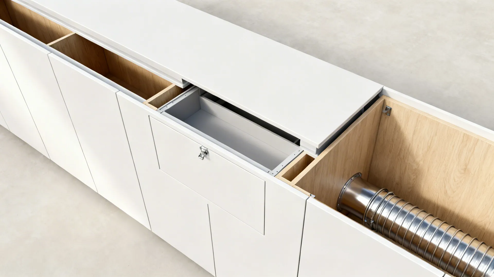 Integrated side duct in a minimalist overhead cabinet run