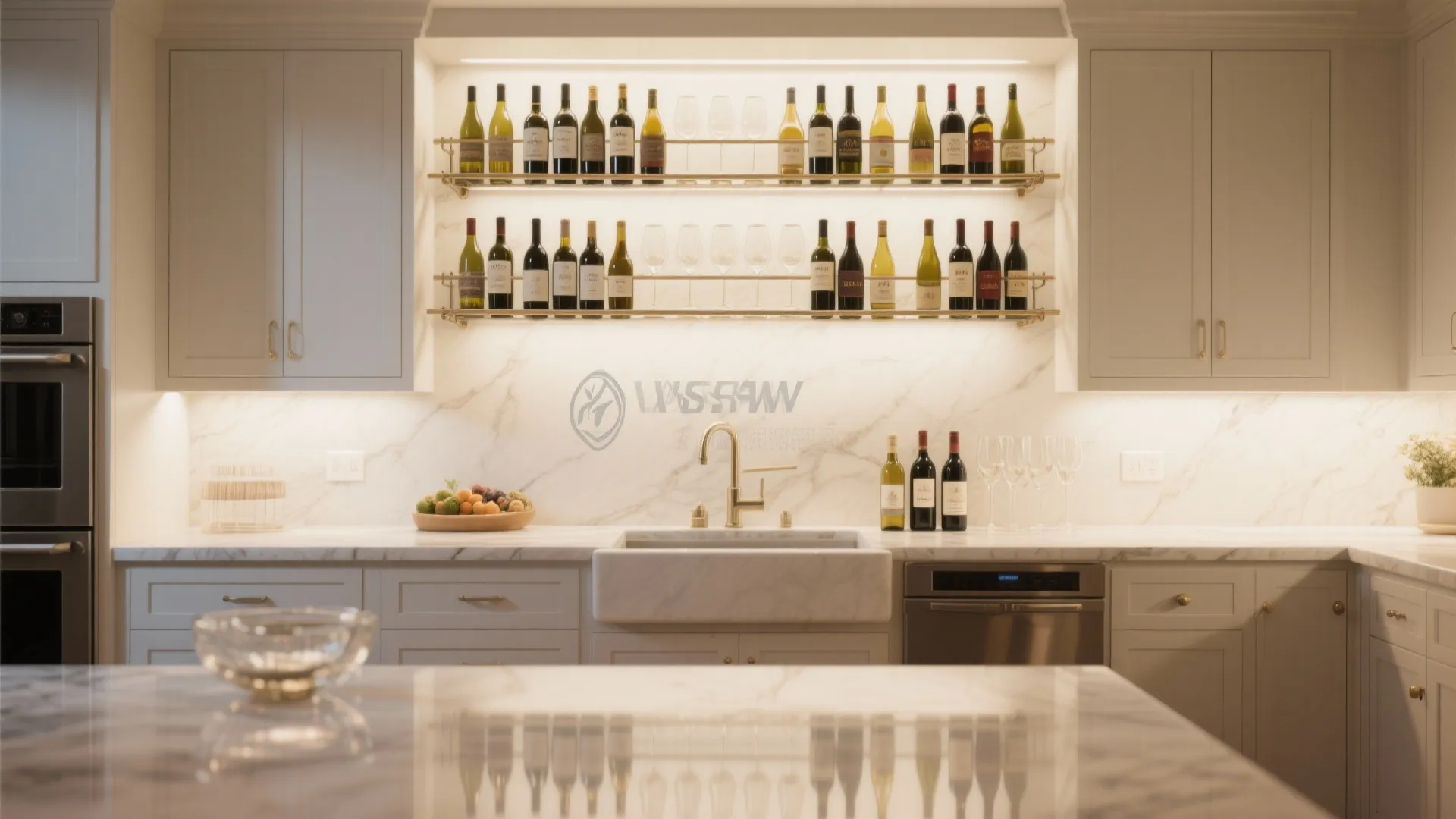 White kitchen wall cabinet with built in wine rack holding bottles over a marble sink