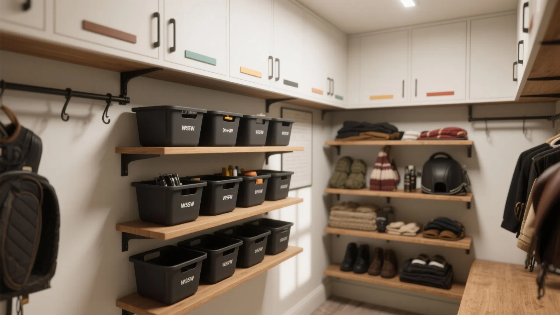 Compact shallow cabinets with orderly bins arranged by zone for small tack room organization.