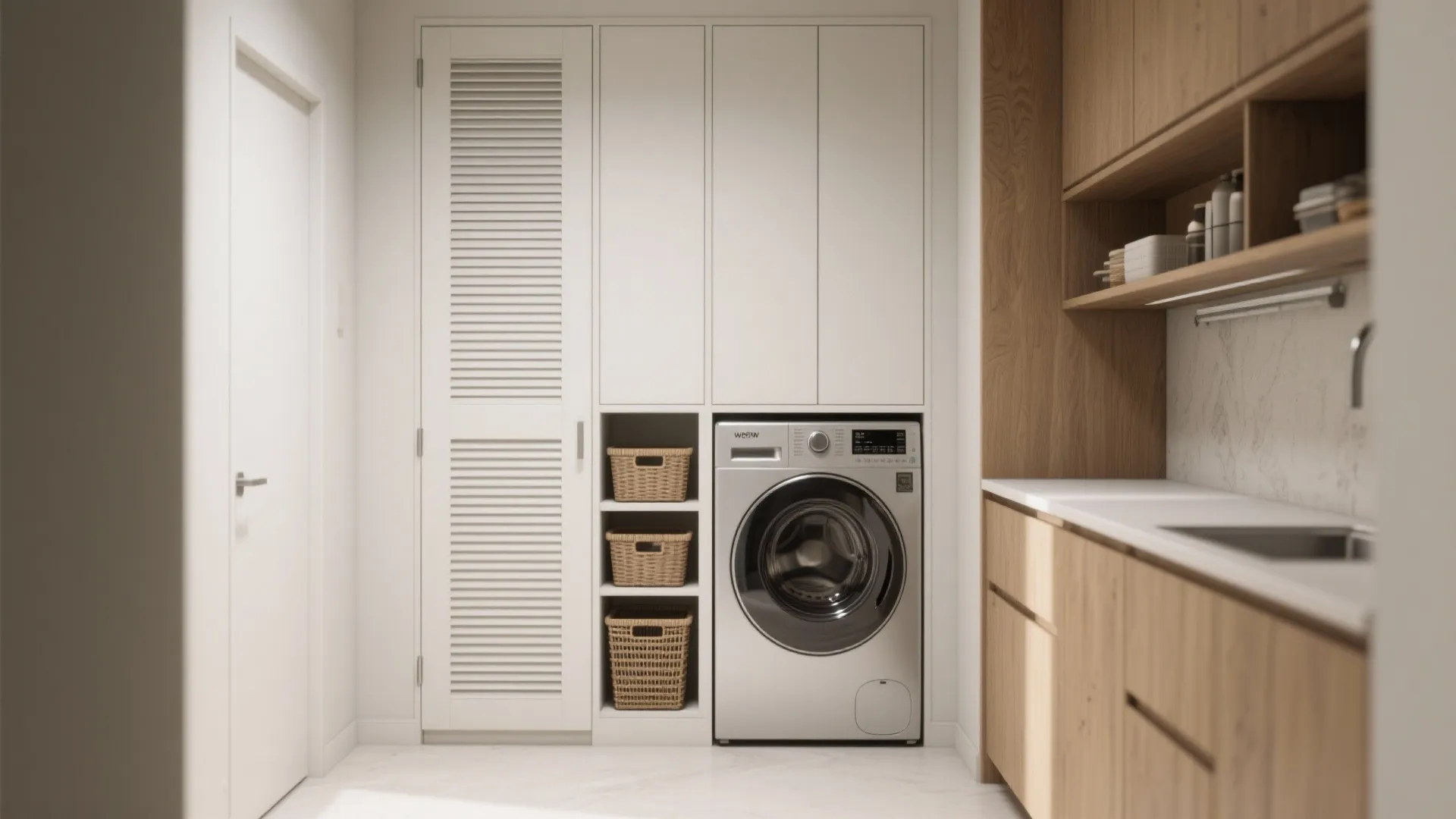 Modern laundry room with white cabinets silver washing machine wooden storage shelves and small wicker baskets