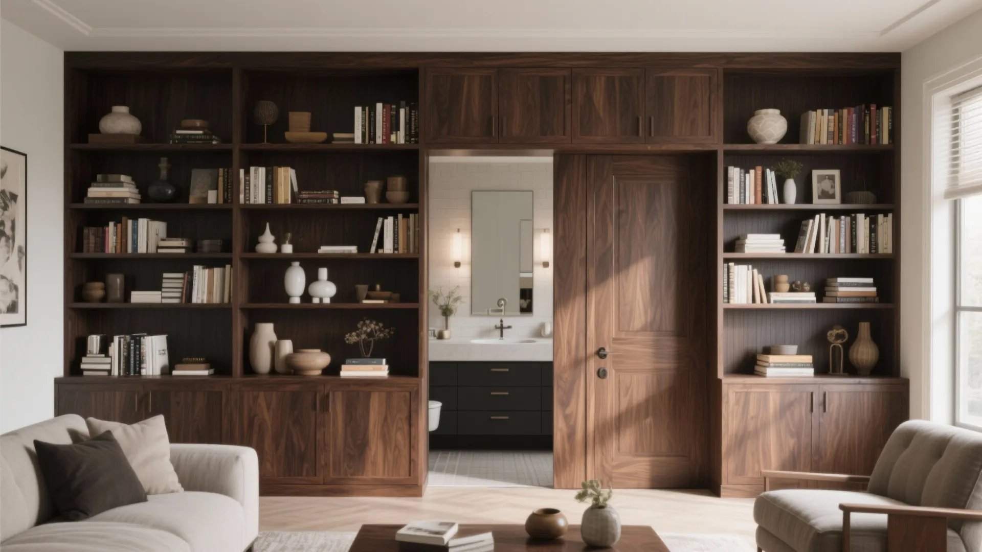 Large dark wood cabinet wall with books and sliding door opening to a modern bathroom