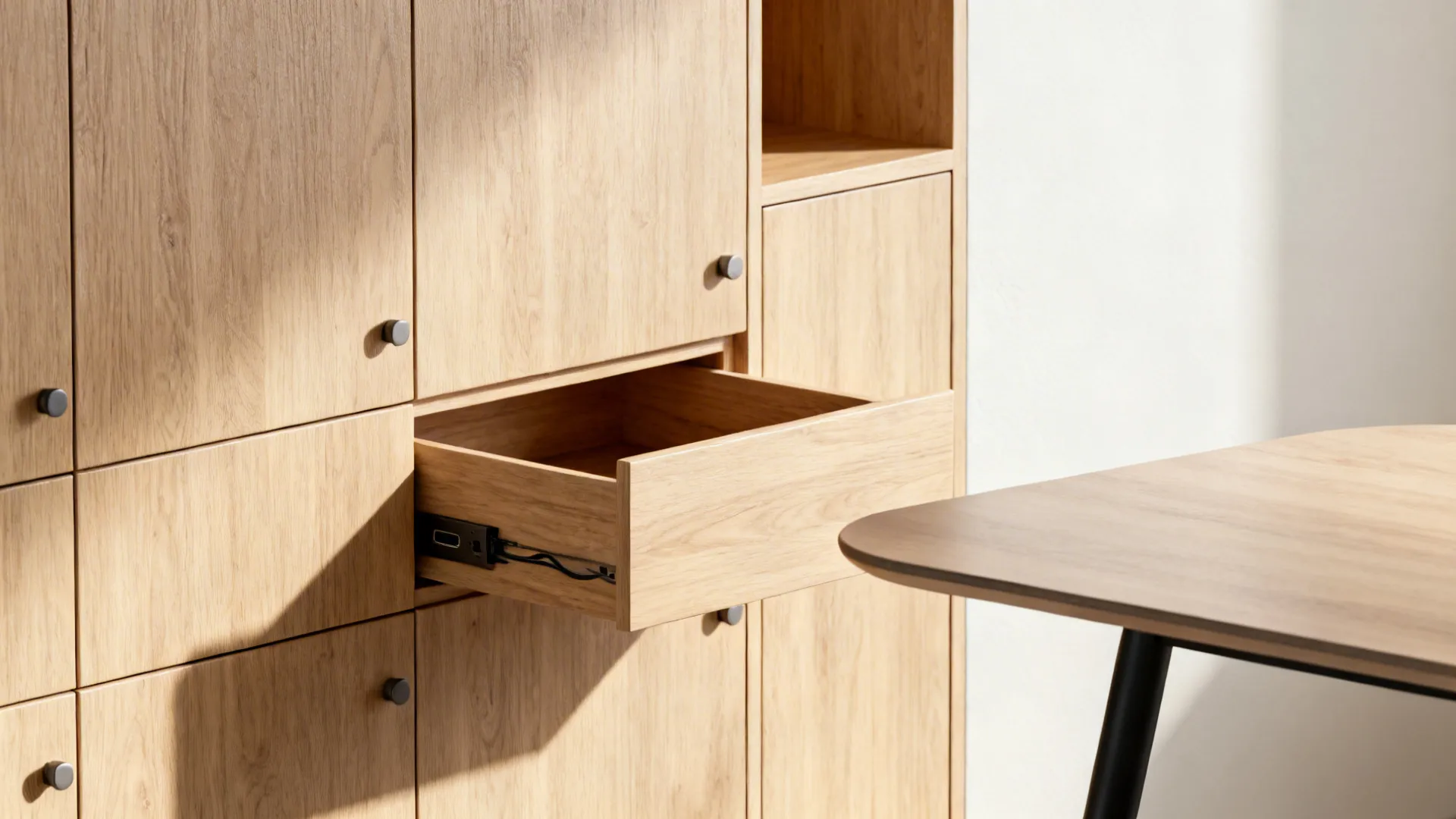 Macro of light oak veneer cabinetry with push-latch doors and a rounded-edge dining tabletop in matte finish.