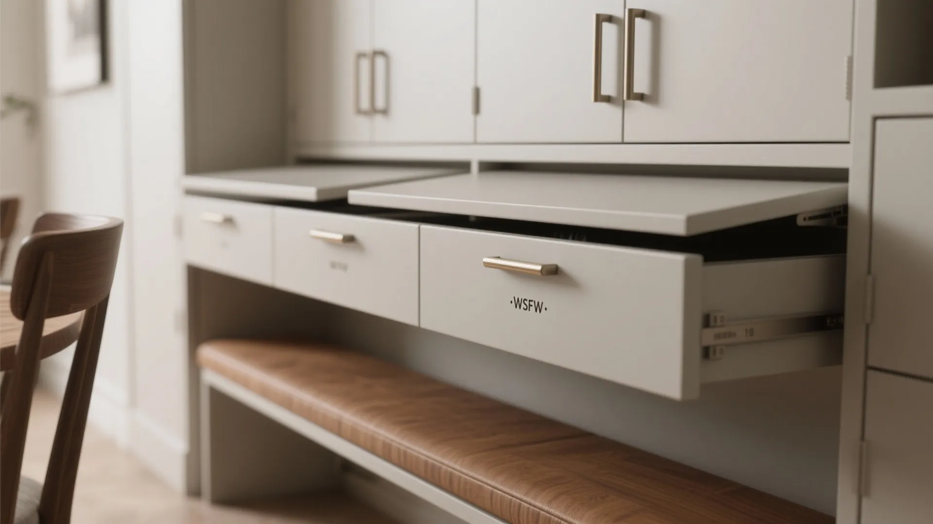 Close up of white cabinet with open drawers gold handles brown bench and wood chair