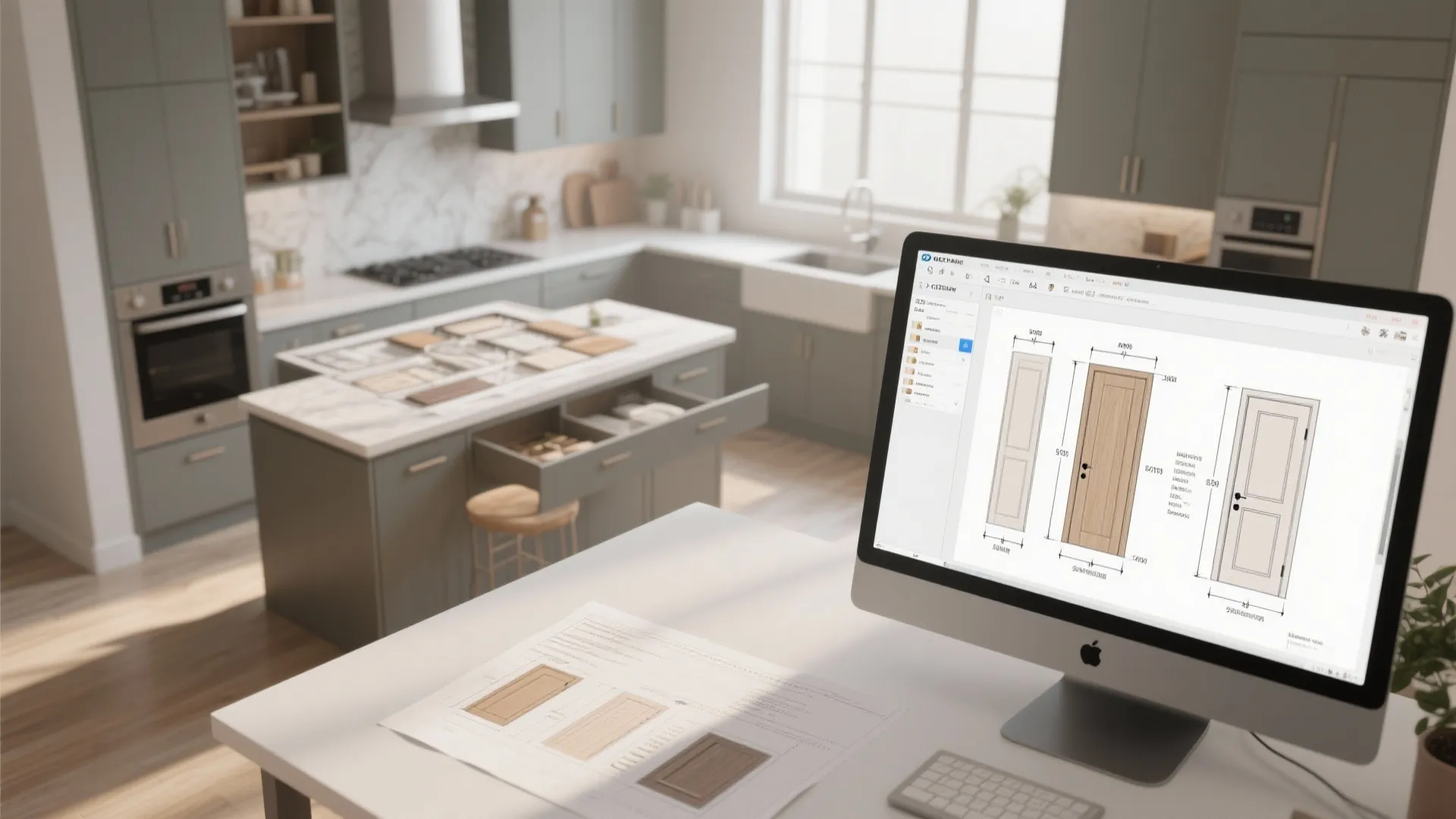 Top-down view of cabinetry layout planner showing clearances and door swings for built-ins.