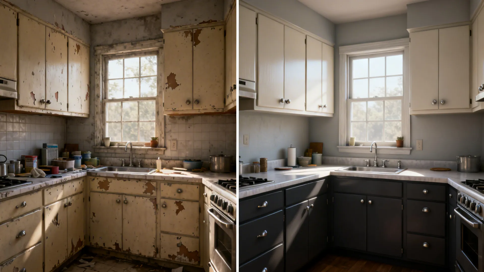 Before and after of a small kitchen showing worn cabinets transformed by paint and new hardware.