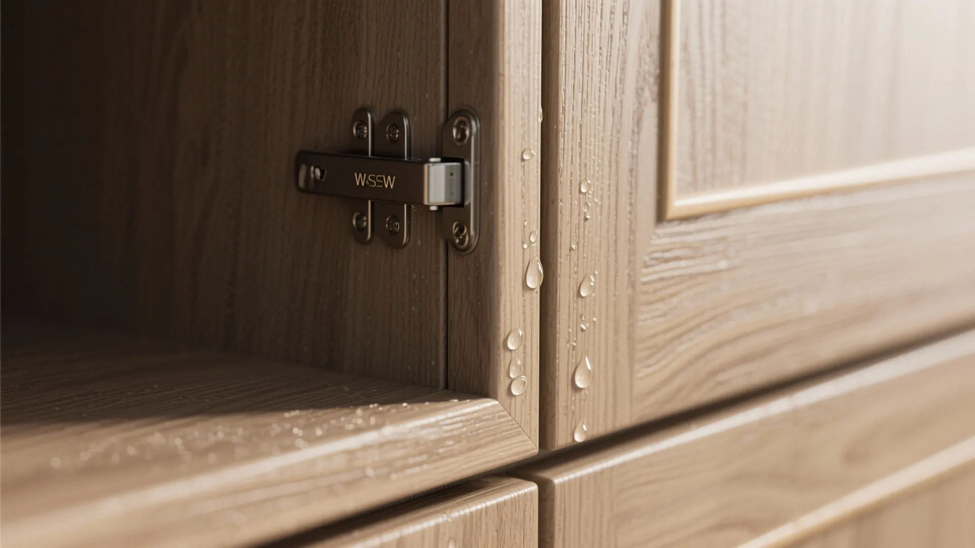 Close-up of a metal door hinge on a wooden cabinet with water droplets on the surface