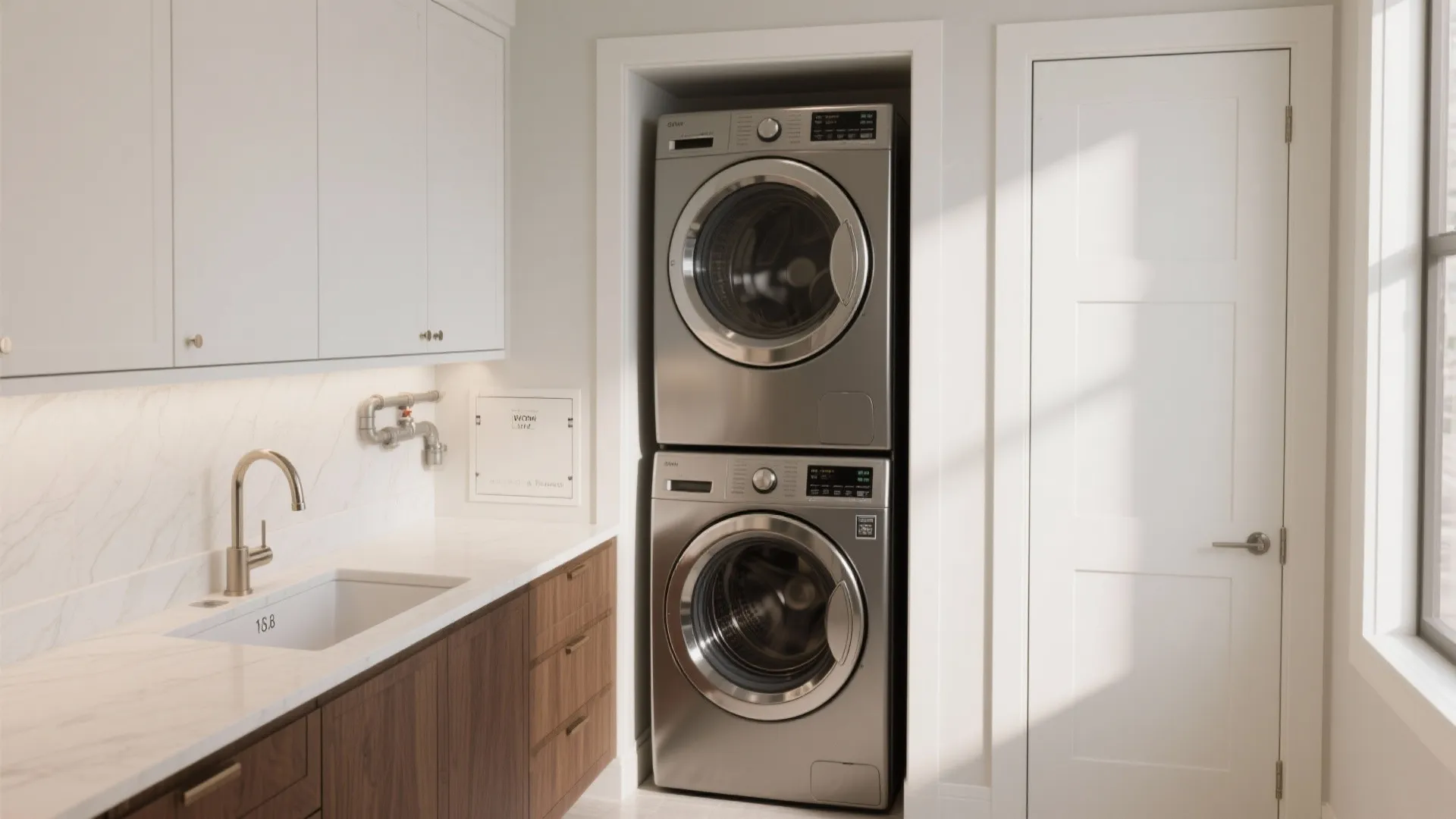 Modern laundry room with stacked silver washing machine and dryer next to sink and cabinets