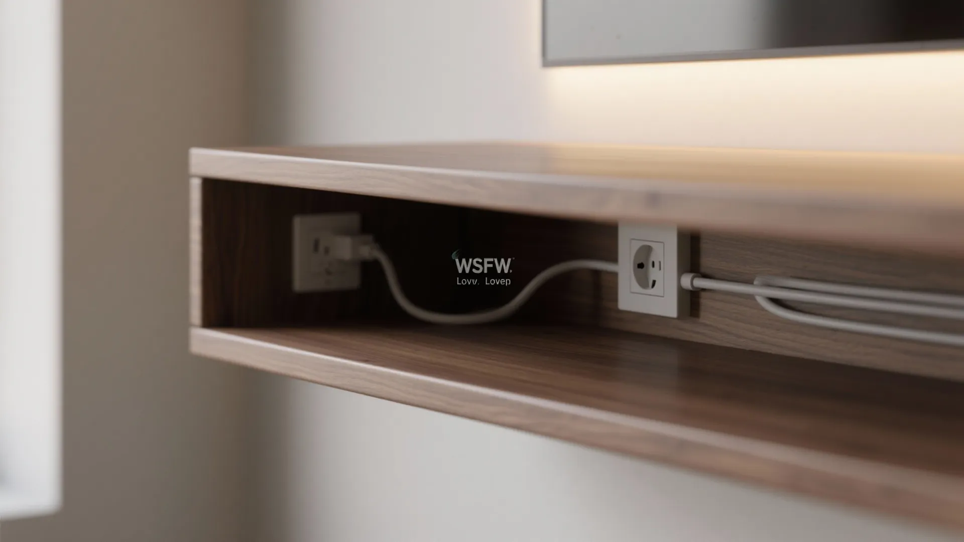 Wooden shelf with hidden power outlets and organized white electrical cables for a clean desk setup