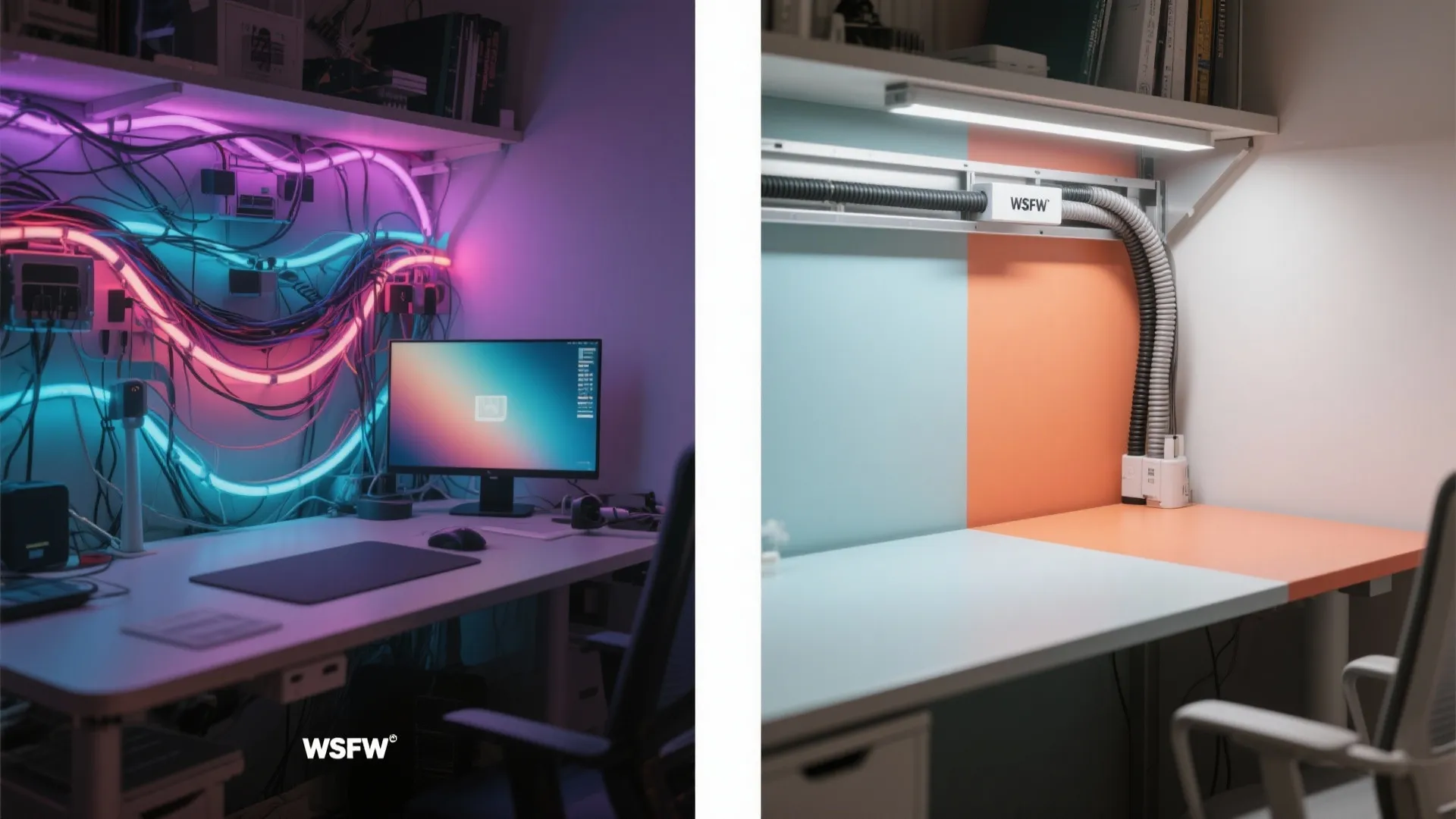 Before and after comparison showing messy neon wires versus a clean desk with hidden cables