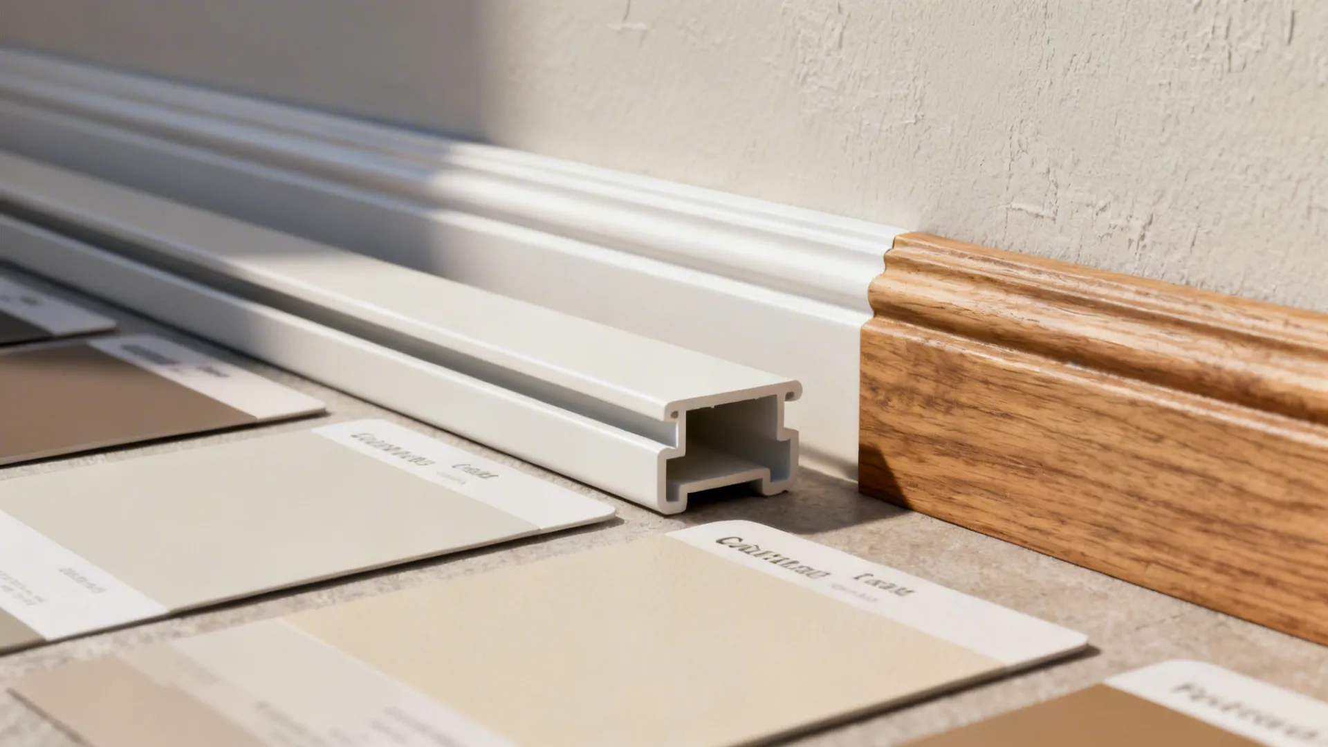 Paintable cable channels and decorative molding samples for hiding TV cords