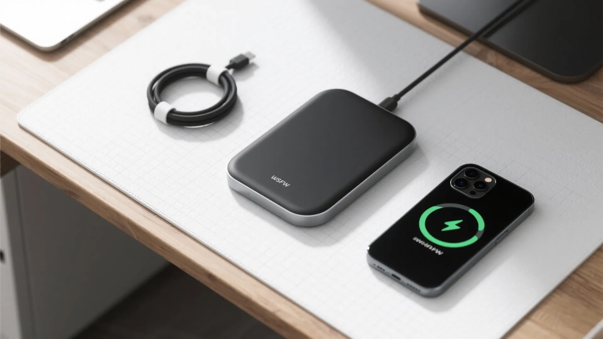 Black portable power bank charging a smartphone on white desk mat with a rolled cable