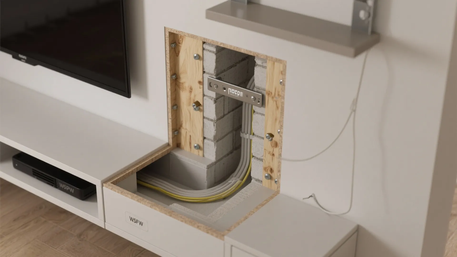 4) Ultra-slim floating shelf + concealed cable chase