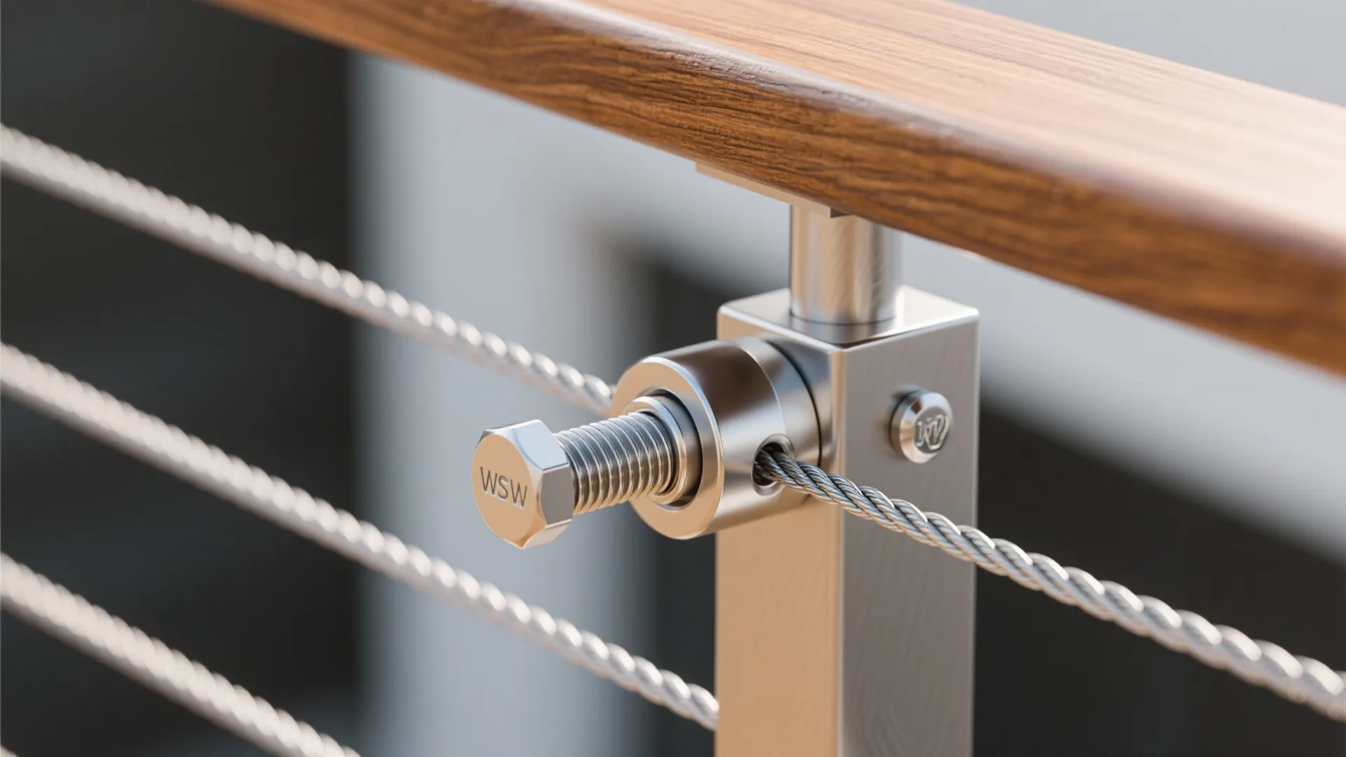Stainless steel cable railing system with wood handrail and a large metal bolt on balcony
