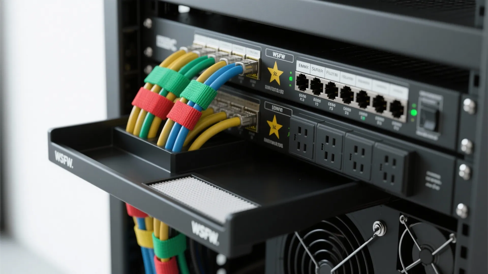 Close up of organized colorful internet cables connected to a black server rack in office