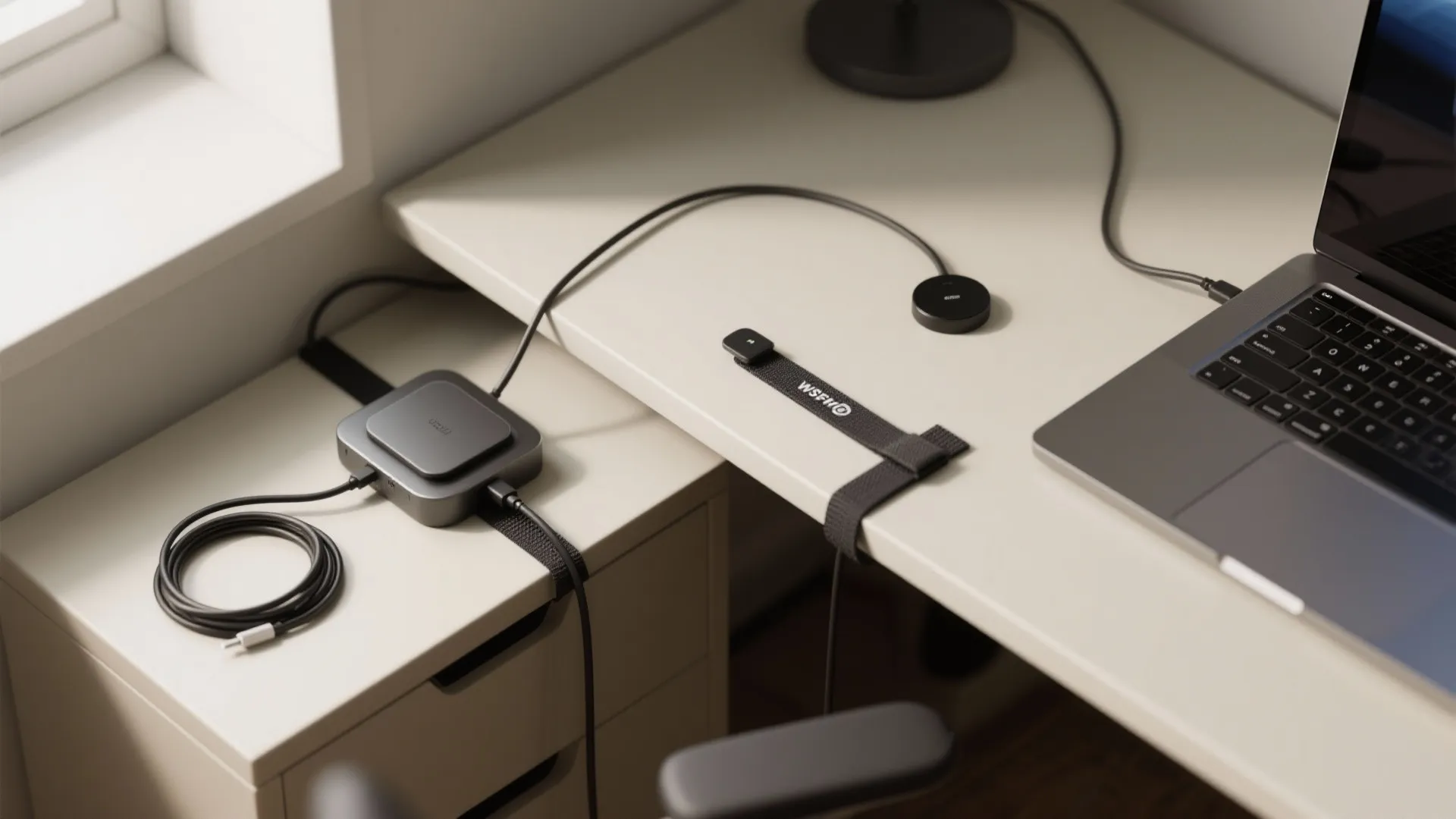 Minimalist white desk with laptop and black cable management accessories for a tidy home office
