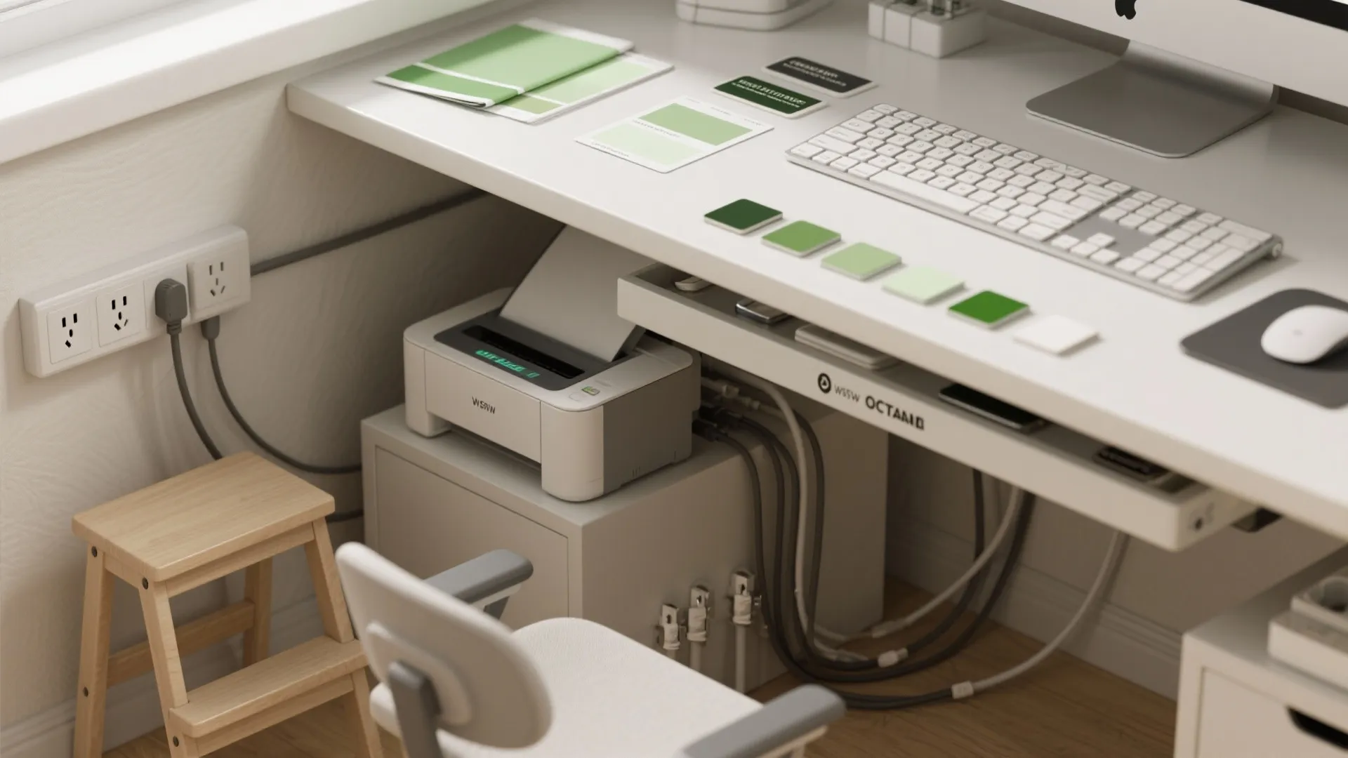 Flatlay of desk accessories and tips including power strip, cable clips, keyboard, and color swatches.