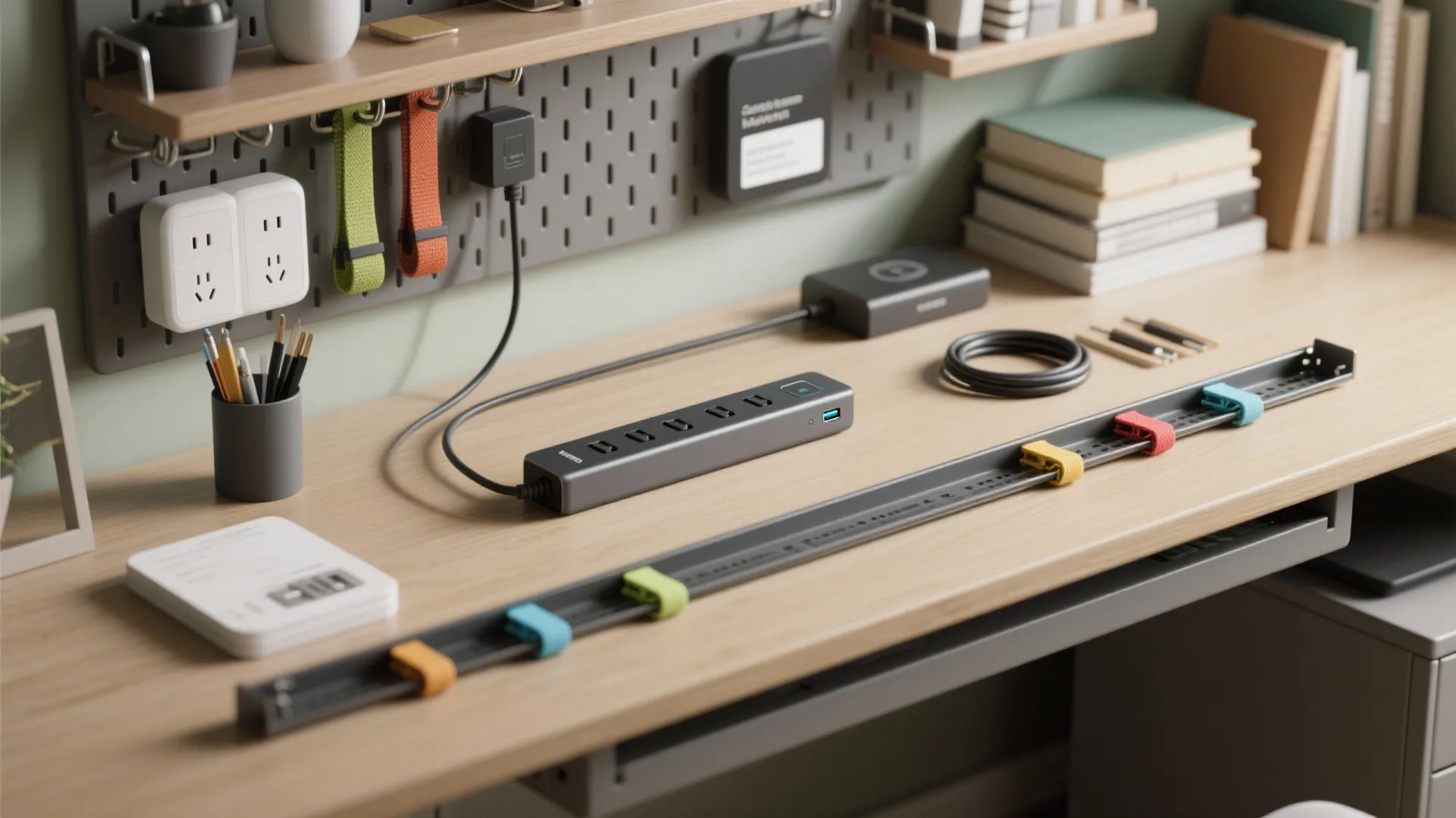 Desk organization with power strip cable management tray colorful clips pegboard and various office supplies