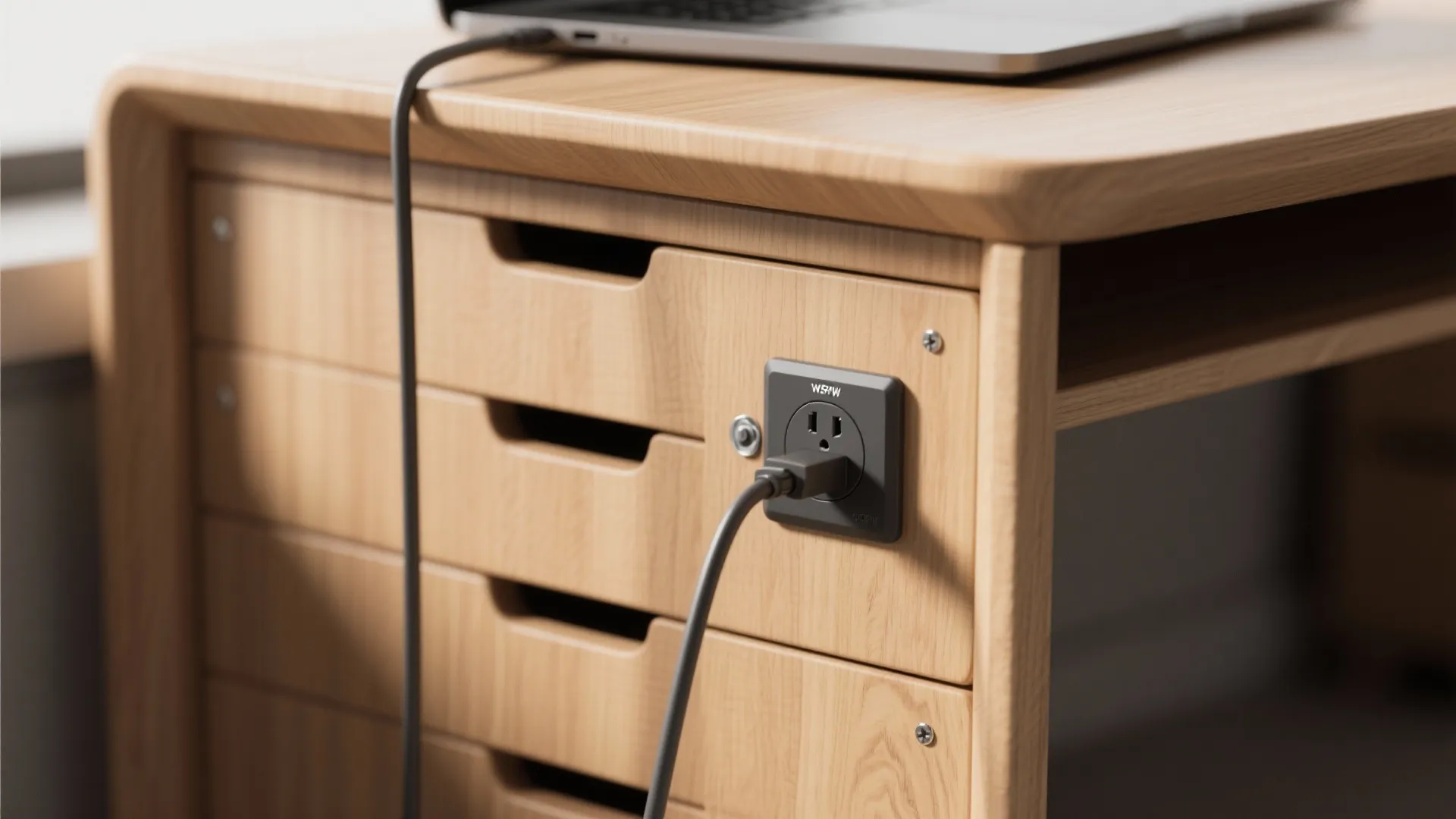 Close up of a wooden desk with a power socket and laptop cable plugged in tightly
