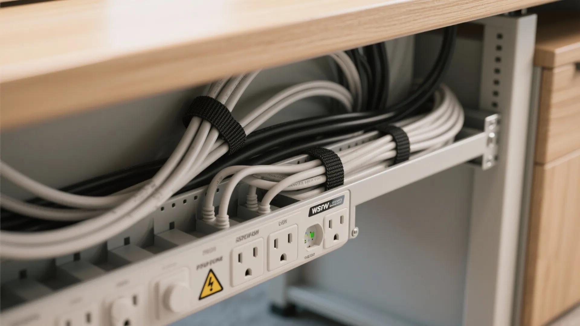 Close up of organized office cables using black straps and a white power strip with outlets