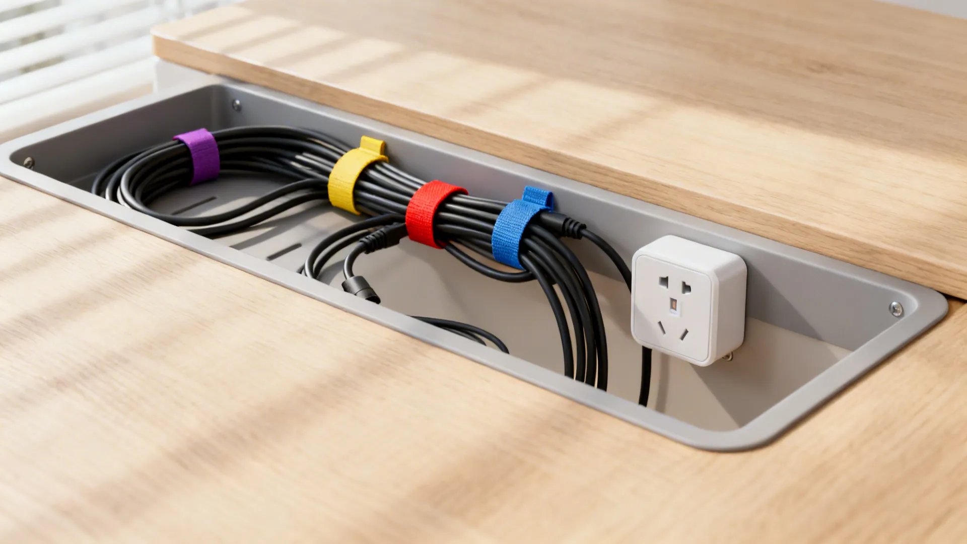 Macro of color-coded Velcro-tied cables in a tray with a small surge protector under a desk.