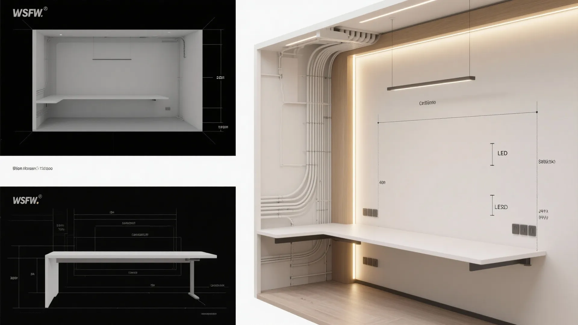 Interior design drawing showing desk layout with wall power outlets and hidden cable wiring system