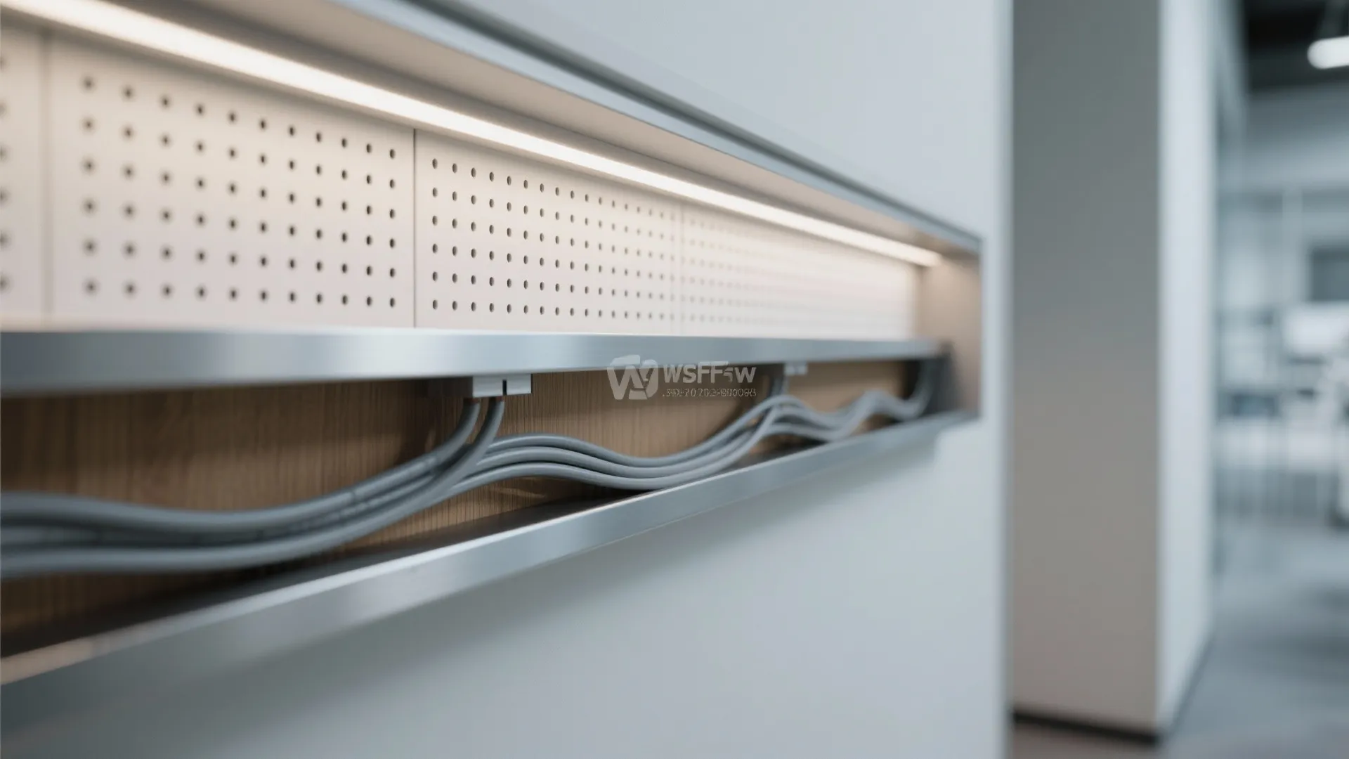 Macro of a perforated wall panel with a hidden cable trough and an indirect LED strip creating a soft ambient glow.