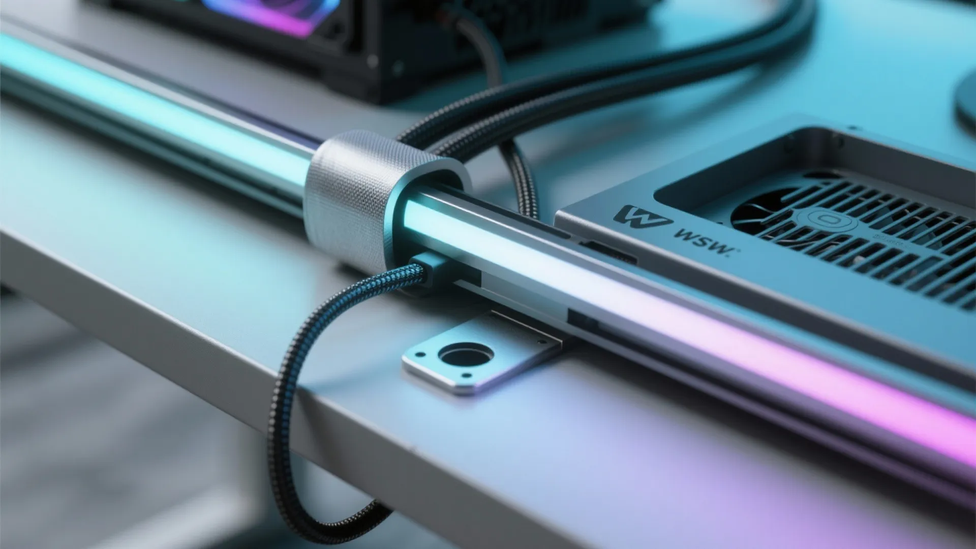 Close up of glowing light strip inside metal track with cable management clip on white desk