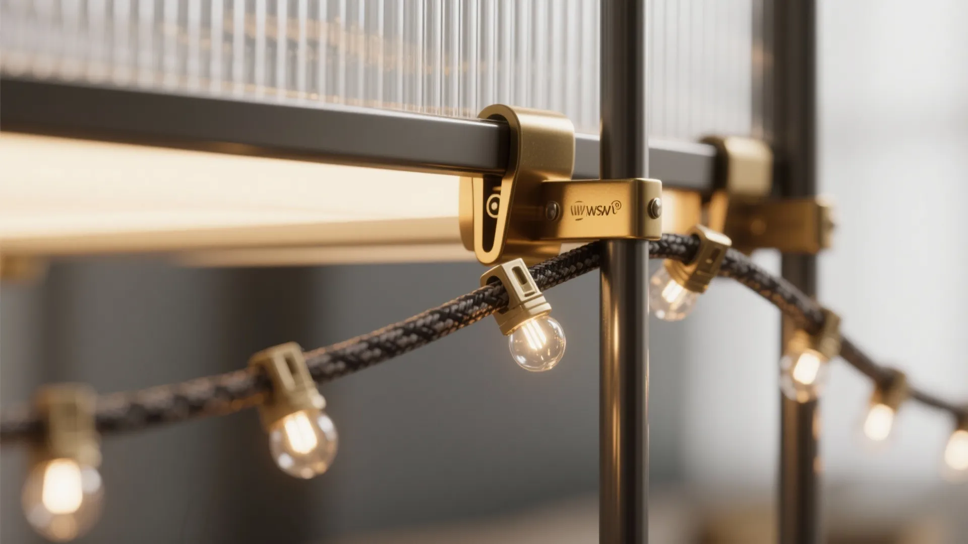 Close up of small string lights hanging from a metal frame with gold colored clips