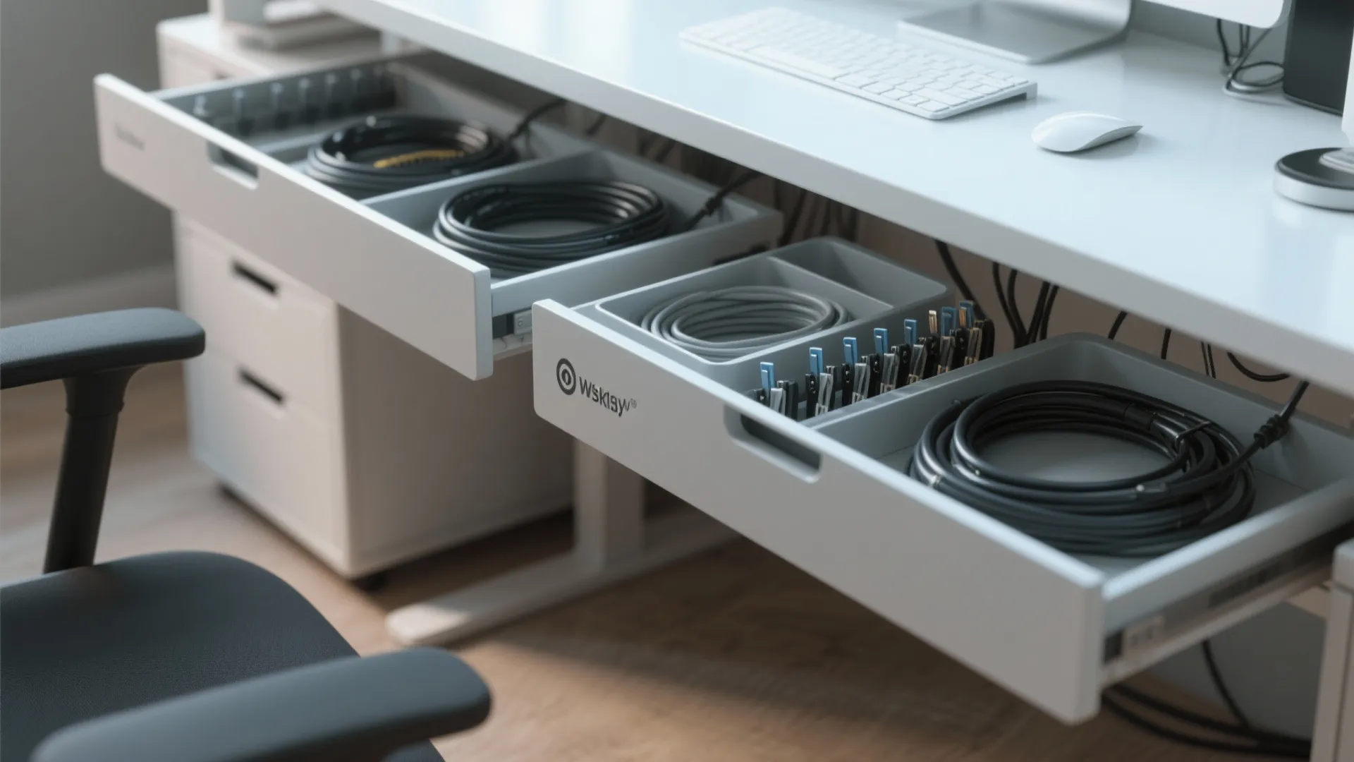 White office desk drawers organized with various rolled power cables and small electronic accessories neatly stored