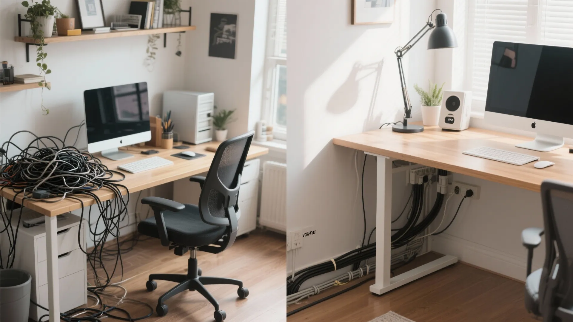 Before and after of a desk with cable management applied