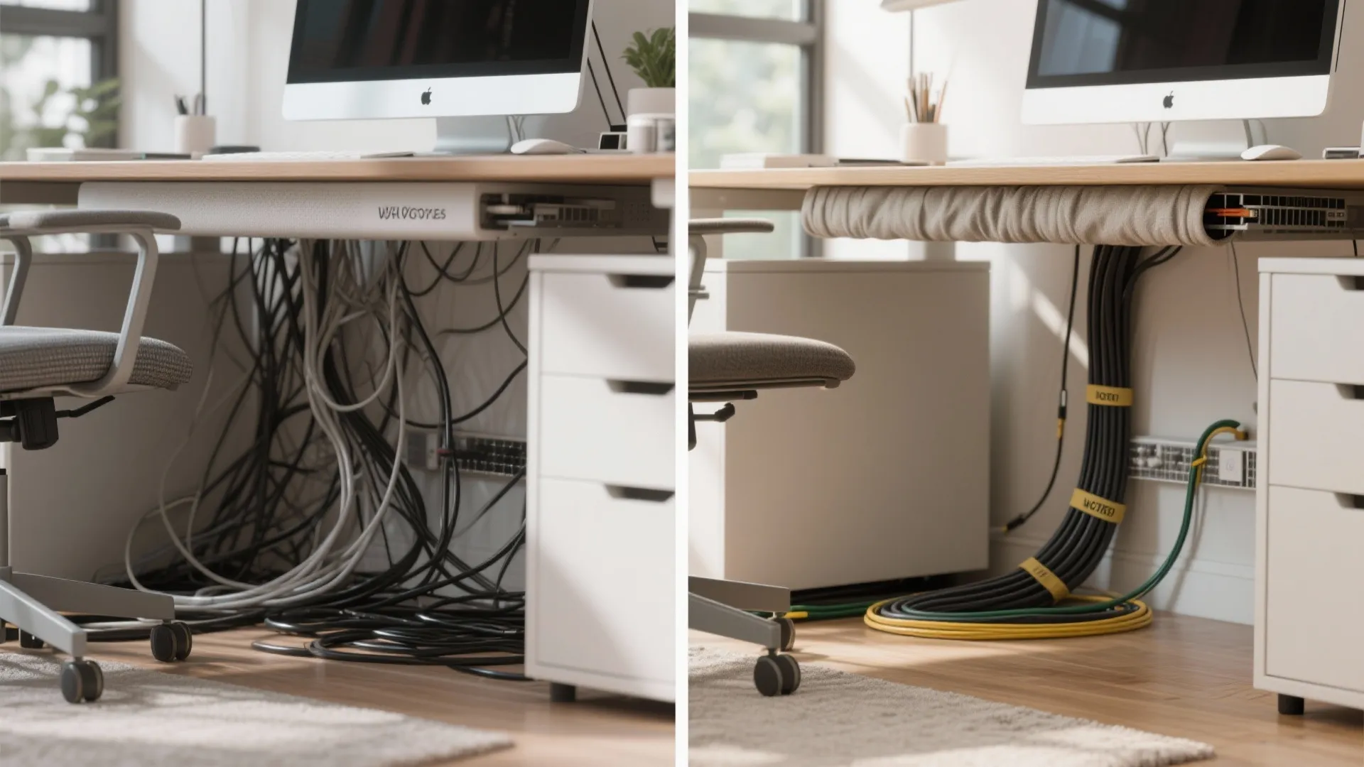 Before and after comparison of messy power cords versus organized cables under a white desk