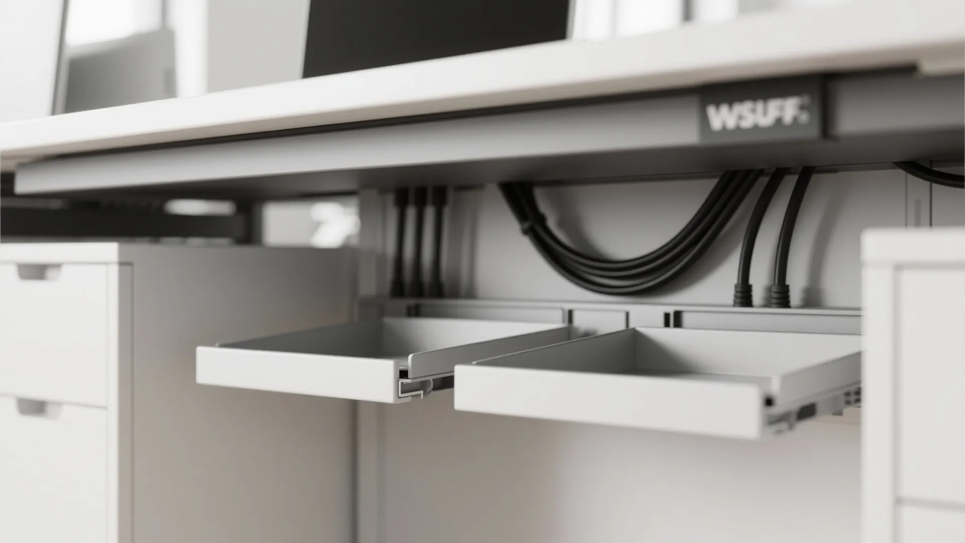 Under desk view showing organized black power cables and two grey sliding storage tray drawers