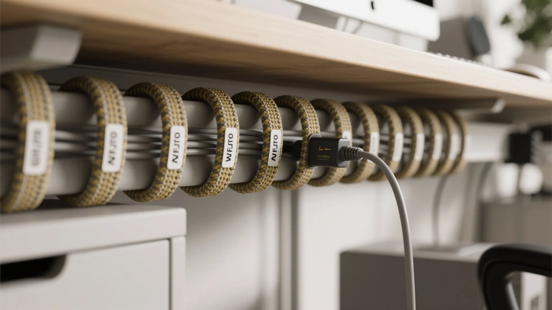 Organized cables under a wooden desk held by yellow and grey woven cord management loops