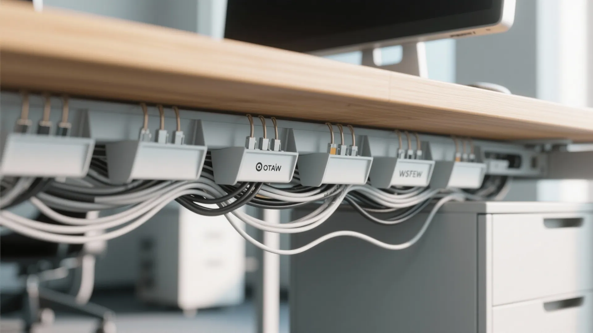 Desk cable management tray with organized white wires and power cords under a wooden office desk