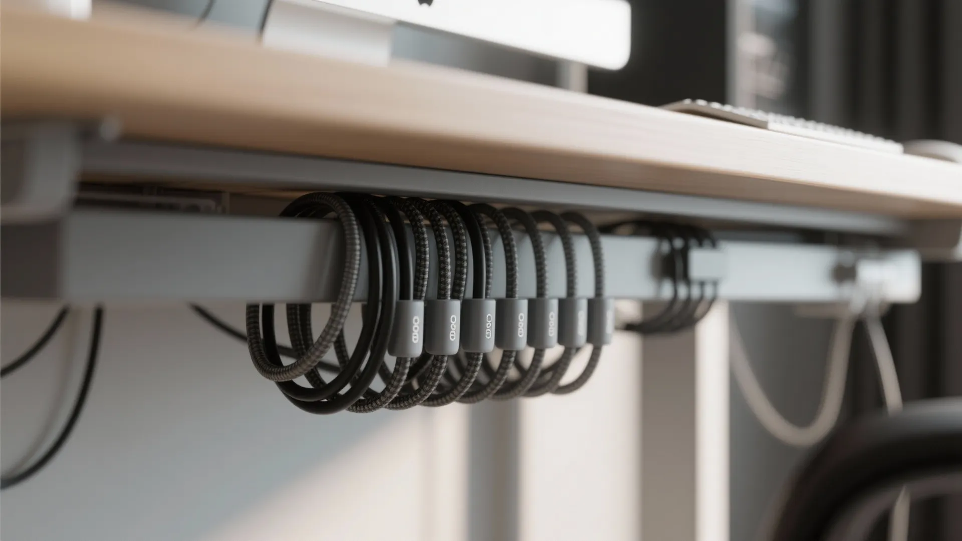 Close up of black cables organized neatly under a wooden desk using a metal storage rack